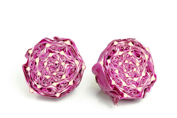 Wall Mural - Head red cabbage is cut in half white background, isolated.