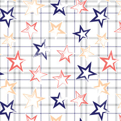 Weathered colorful stars on plaid pattern background