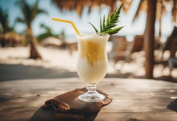 Summer coconut milk cocktail with pineapple on a table in a cafe on the beach Pina colada