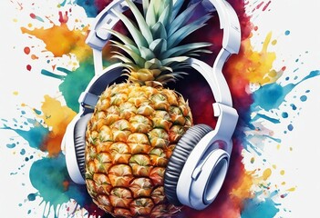 Canvas Print - Watercolor painting of pineapple in headphones with colorful splashes on white background