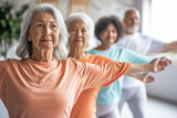 Fototapeta  - A group of elderly people from different backgrounds participating in a physical activity, a yoga class in an indoor space, to improve their physical condition and well-being, and also to socialize