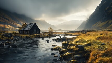 Canvas Print - Thatched roof house in valley with stream in foreground