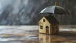 Miniature Wooden House Protected from the Elements by an Umbrella. Home Insurance Concept. Copy Space.