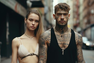 Tattooed man and woman on a city street in the afternoon