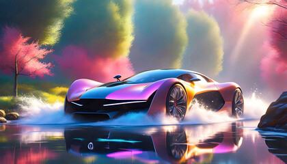 Modern car in bright light and splashes of water, beautiful graphic illustration, pop art,	
