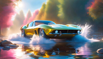 Wall Mural - Modern car in bright light and splashes of water, beautiful graphic illustration, pop art,	
