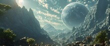 The View Of A Planet From A Rocky Alien Planet With Forest