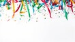 colorful confetti and streamers on white background with copy space