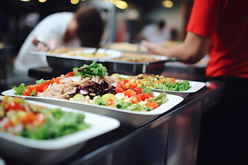 Salad bar with fresh vegetables and meat