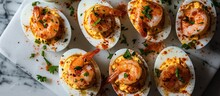 Deviled Eggs With Shrimp On A Marble Table, Viewed From The Top.
