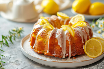 Classic lemon pound cake with powdered sugar glaze. Generative AI