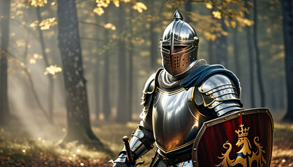 medieval knight in shining armor with sword and shield generative ai