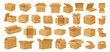 © Torontotokio - Cartoon cardboard boxes. Carton delivery boxes, open and closed shipping package with fragile signs, parcel delivery boxes flat vector illustration set. Cardboard box collection