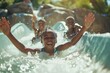 Joyful youngsters frolic in the refreshing waves of a water park, basking in the sunshine and sporting contagious smiles on their faces