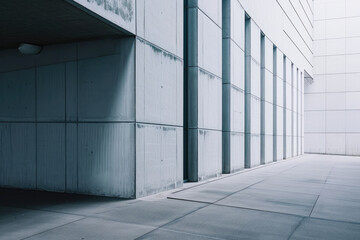 Poster - A modern building stands tall, its concrete facade punctuated by a multitude of windows, reflecting the bustling street below and leaving its empty interior exposed to the outdoors