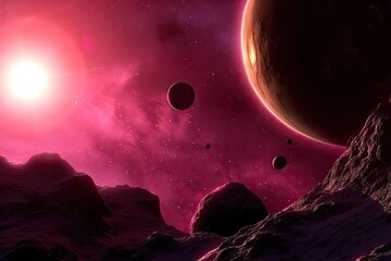 Wall Mural - a vibrant portrayal of a red dwarf star system with orbiting exoplanets and asteroid belts