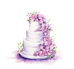 Wall Mural - Watercolor Pink Wedding Cake Isolated on White Background