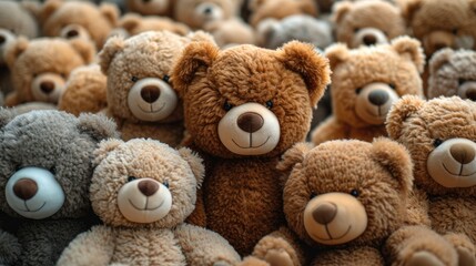 full frame image of many teddy bears squeezing each other and squinting