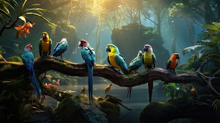 amazing rainforest birds sitting on branch