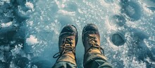 Hunter Or Fisherman In Winter With Big Boots, Top View. Fisherman On Ice In Spring With Melting Ice. Dangerous Autumn Fishing.