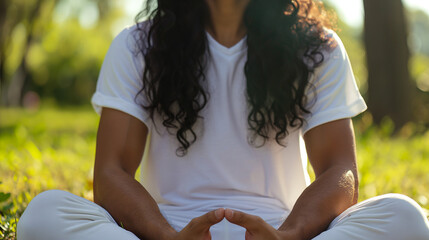 Young man with casual black long hair sits in the middle of a green meadow in lotus pose doing meditations focused and peaceful inside, with copy space.