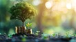 Endowment fund concept: Stacks of golden coins with big tree on blurred nature background