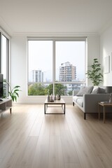 Canvas Print - Bright living room with large windows and a view of the city