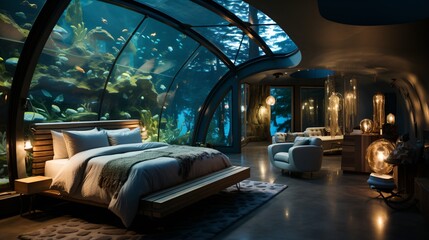 Wall Mural - Underwater hotel room with large glass window