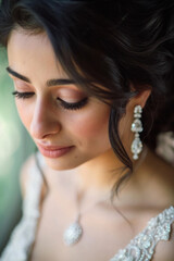 Wall Mural - Portrait of a bride on her wedding day. Natural makeup with diamond earrings