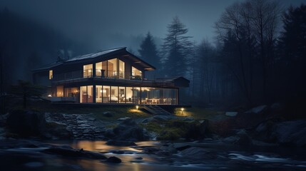 Sticker - Modern house with river and forest view at night