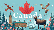 Canada Travel Poster Featuring Red Maple Leave And Moose