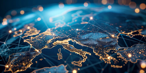 Wall Mural - abstract map of western europe, concept of european global network and connectivity, data transfer a