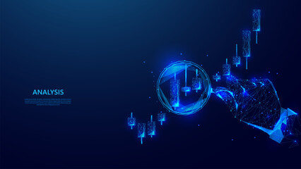 Poster - Stock market investment trading business candlestick chart analysis illustration on low poly style blue background. Stock market analysis, trading analysis, investment analysis.