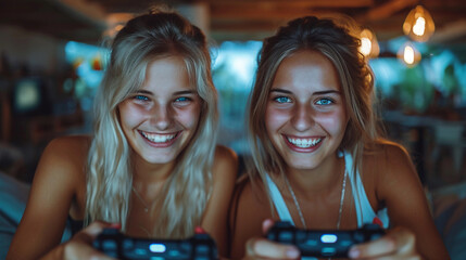 Two girls play video game