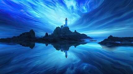 Wall Mural - calm ocean with lighthouse on island blue shade