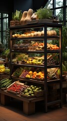 Wall Mural - Fresh and colorful produce on wooden shelves in a grocery store