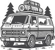 Van for travel and camping in forest, white background. Vector illustration