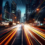 Fototapeta Mapy - Dynamic cityscape with light trails from traffic.