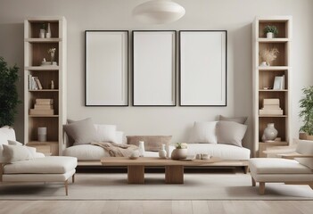 Wall Mural - Contemporary classic white beige living room interior with three vertical picture frame on the wall and wooden shelfs with books