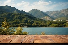 Wooden Table With A View Of The Mountains And Lake