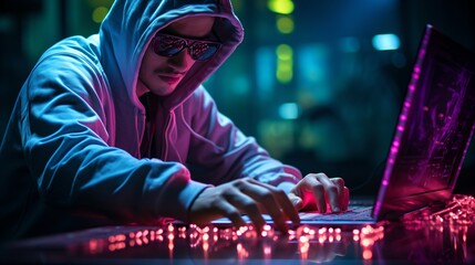 Wall Mural - A hacker in a dark room wearing a hoodie and sunglasses types on a laptop.