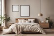 © FrameFinesse - Two different size frame mockups in boho bedroom interior with wooden floor and white bed