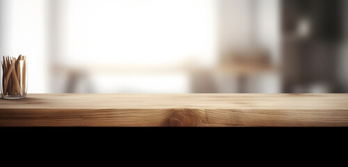 Poster - Light wood table top on blur white gray abstract background - can be used for display or montage your products