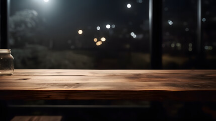 Poster - Empty dark wooden table in front of abstract blurred bokeh background of restaurant . can be used for display or montage your products.Mock up for space