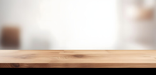 Poster - Light wood table top on blur white gray abstract background - can be used for display or montage your products