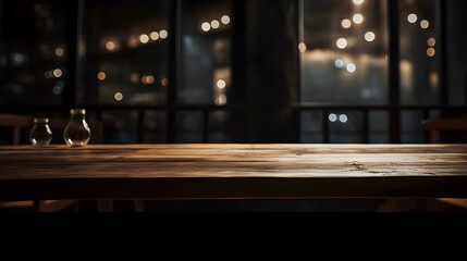 Poster - Empty dark wooden table in front of abstract blurred bokeh background of restaurant . can be used for display or montage your products.Mock up for space