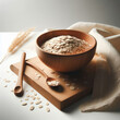 Oats, rolled oats or oat flakes, wooden bowl and White cloth, Avena, copos de avena, cuenco de madera y tela blanca, 