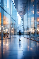 Poster - Modern glass architecture interior with blurred people walking