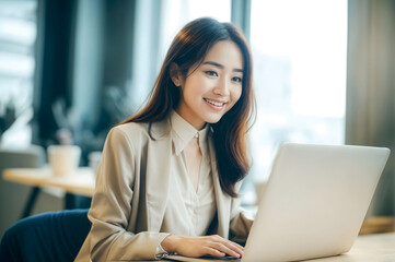 Wall Mural - Office Working Girl, Pretty and Cute Asian Smile is sitting in front of Laptop Computer in Office Environment Background created with generative AI.