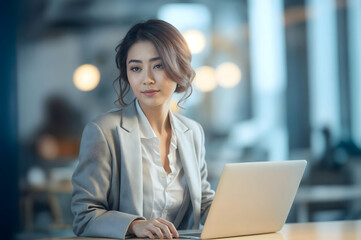 Wall Mural - Office Working Girl, Pretty and Cute Asian Smile is sitting in front of Laptop Computer in Office Environment Background created with generative AI.